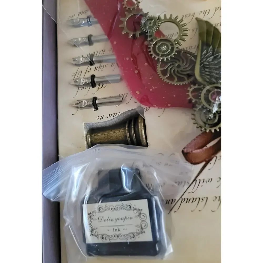 Steampunk Calligraphy Feather Dip Pen Wax Seal Kit Dark Academia Goth Ink Nibs